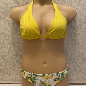 Vibrant Yellow Halter Bikini with Lemon Print Bottom